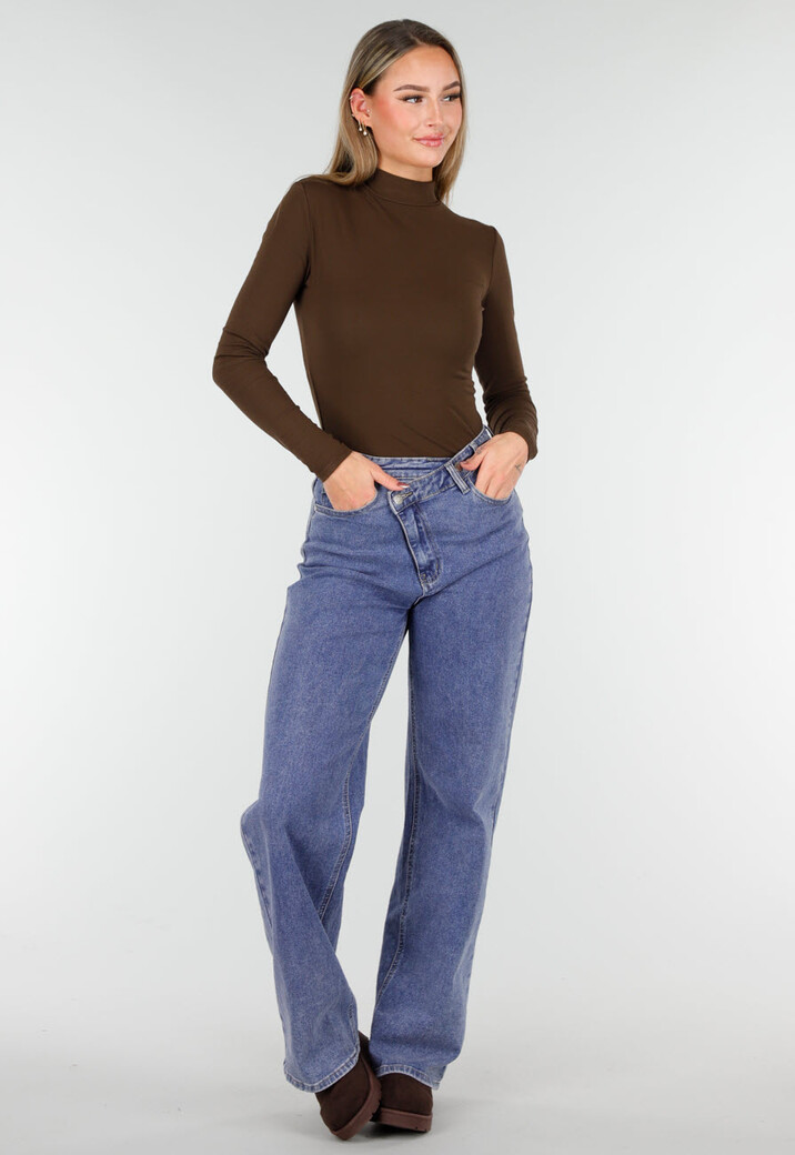 Bruine Zachte Stretch Top met Lange Mouwen en Col