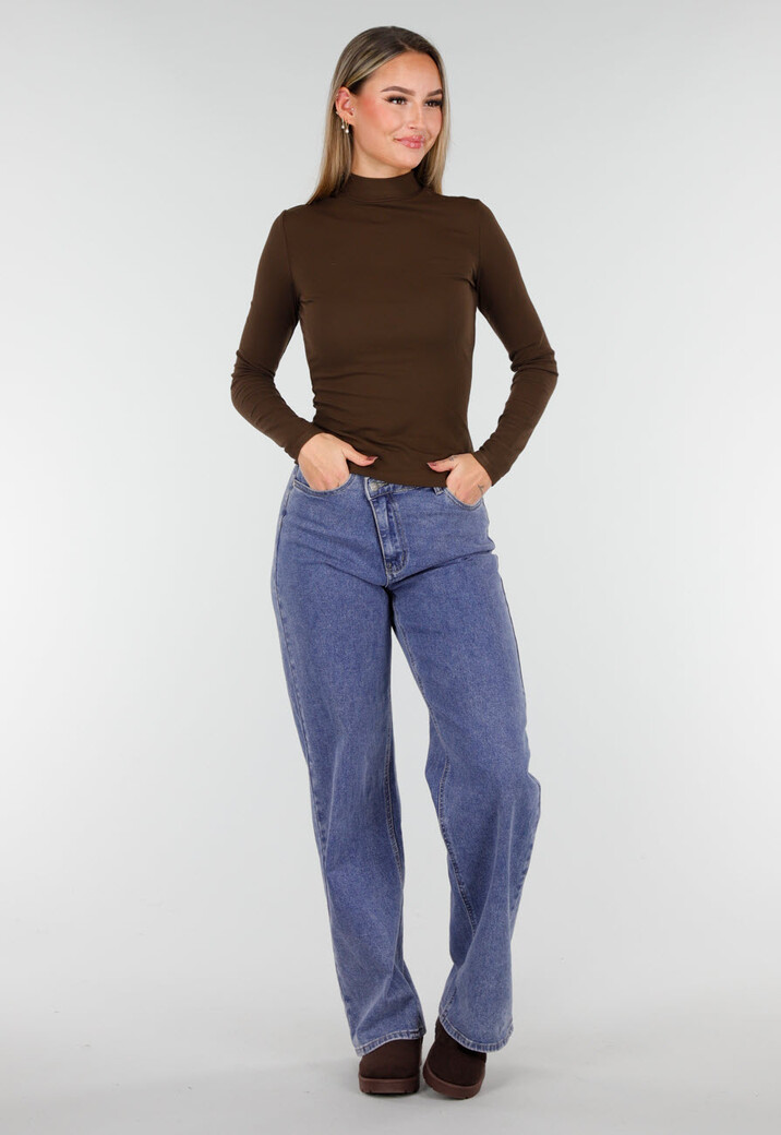 Bruine Zachte Stretch Top met Lange Mouwen en Col