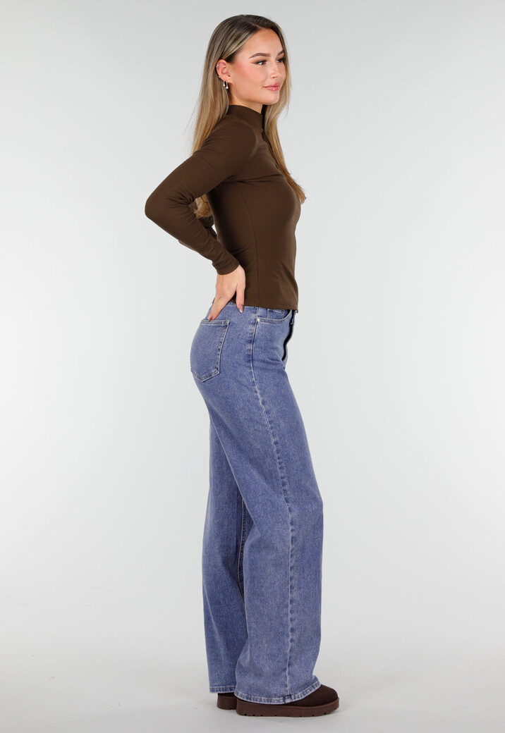 Bruine Zachte Stretch Top met Lange Mouwen en Col