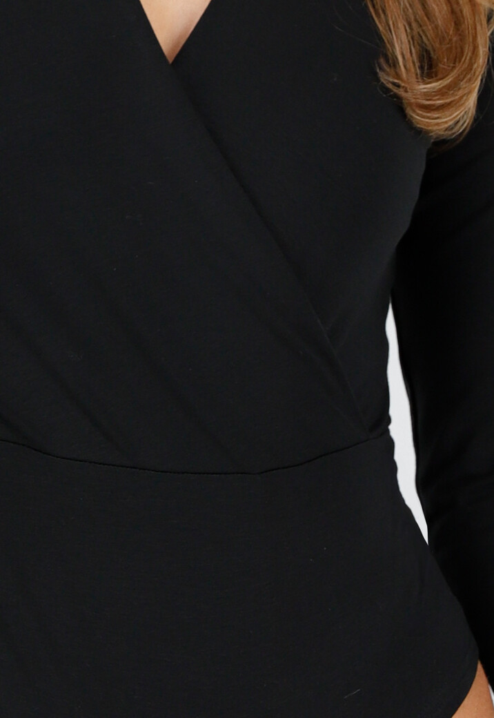 Zwarte Zachte Stretch Overslag Body met Lange Mouwen