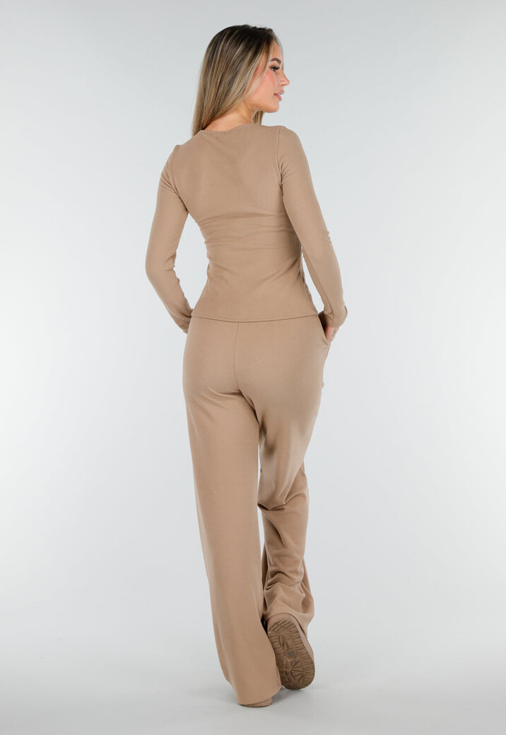 Beige Zachte Stretch Top met Ronde Hals en Lange Mouwen