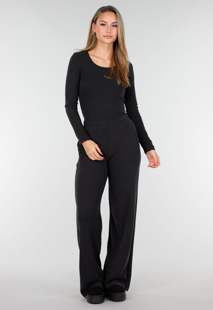 Grijze Zachte Stretch Top met Ronde Hals en Lange Mouwen