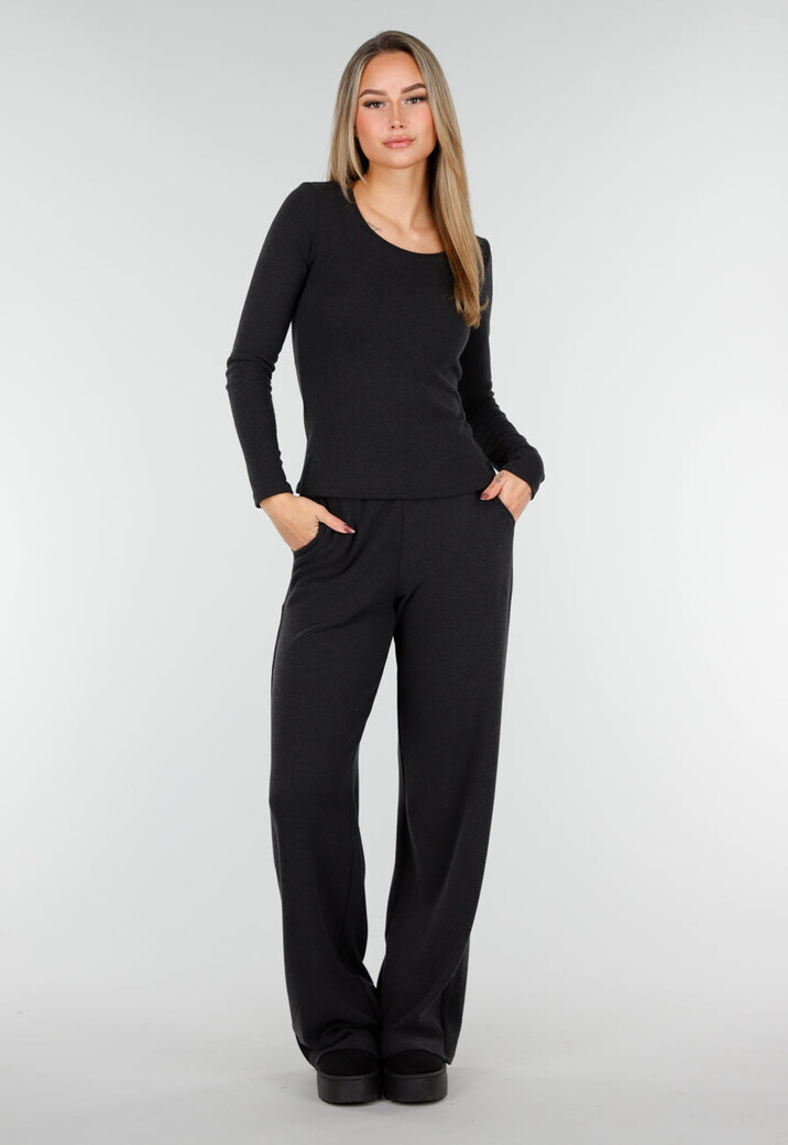 Grijze Zachte Stretch Top met Ronde Hals en Lange Mouwen