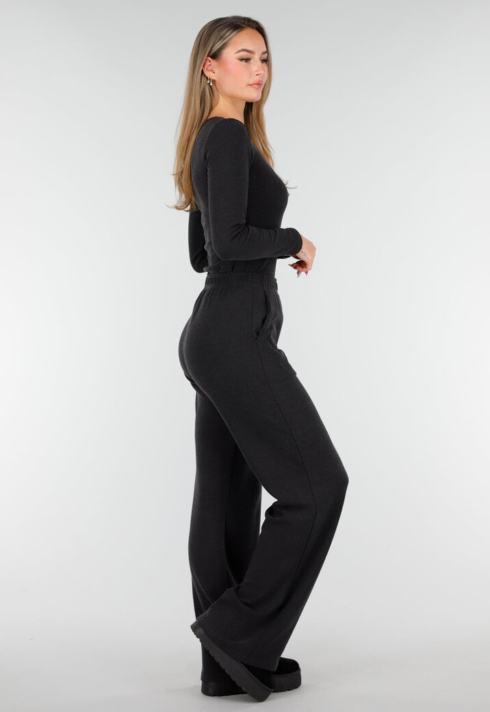 Grijze Zachte Stretch Top met Ronde Hals en Lange Mouwen