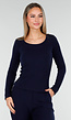 Donkerblauwe Zachte Stretch Top met Ronde Hals en Lange Mouwen