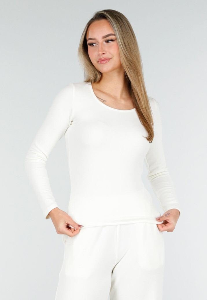 Witte Zachte Stretch Top met Ronde Hals en Lange Mouwen