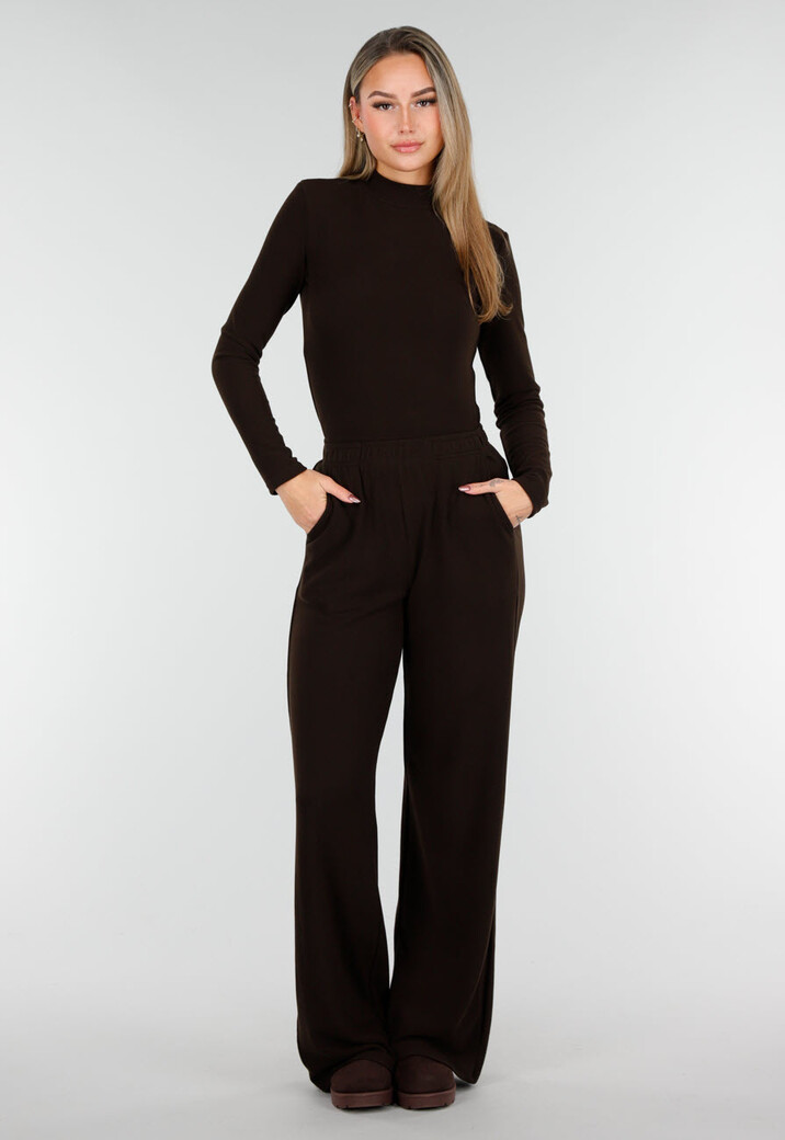 Bruine Zachte Stretch Top met Col en Lange Mouwen