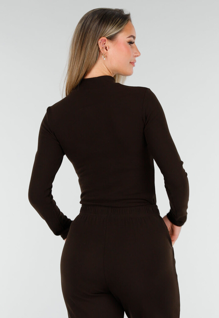 Bruine Zachte Stretch Top met Col en Lange Mouwen