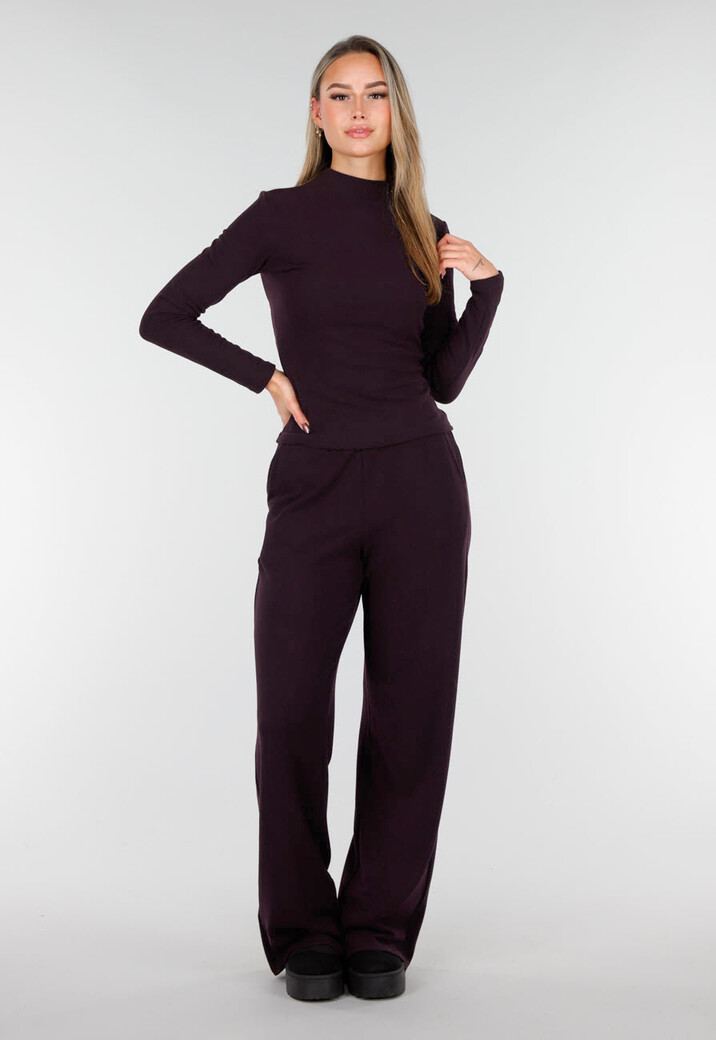 Aubergine Zachte Stretch Top met Lange Mouwen