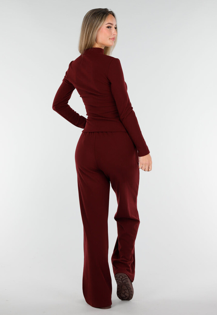 Burgundy Zachte Stretch Top met Col en Lange Mouwen