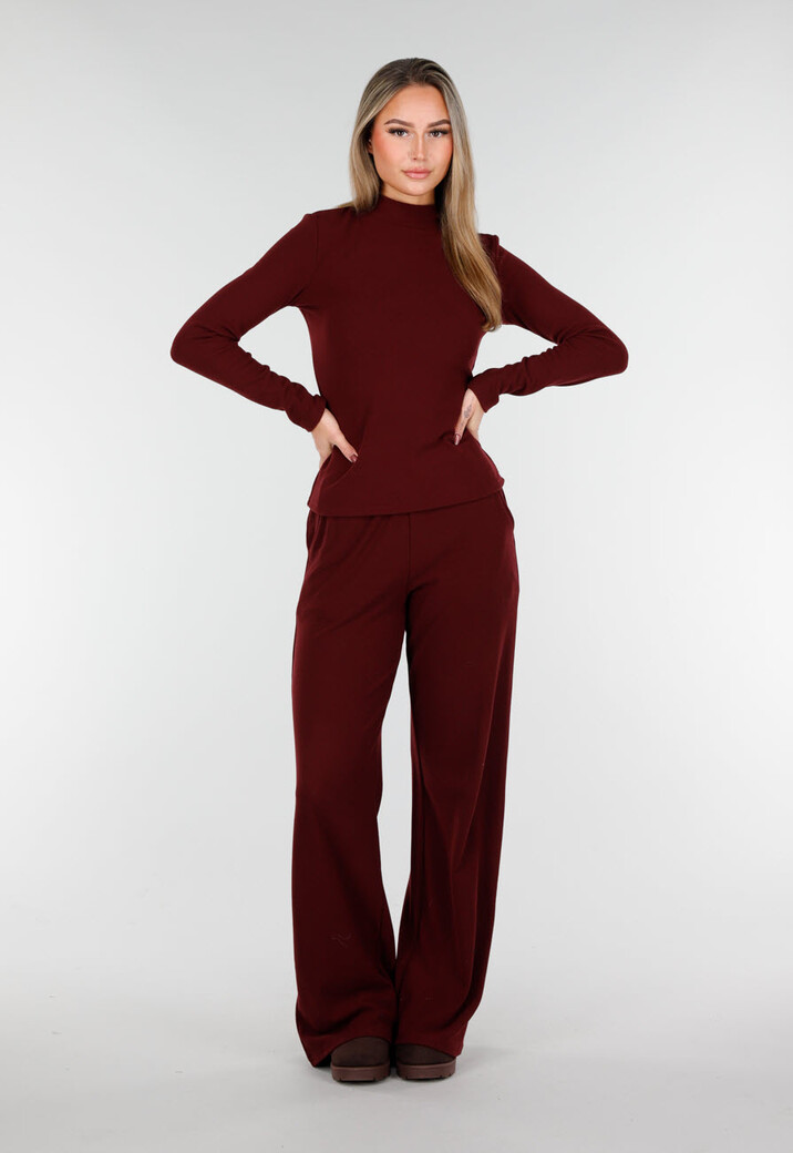 Burgundy Zachte Stretch Top met Col en Lange Mouwen