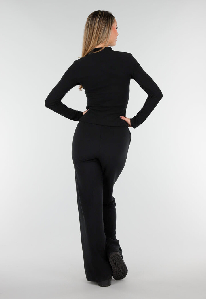 Zwarte Zachte Stretch Top met Col en Lange Mouwen