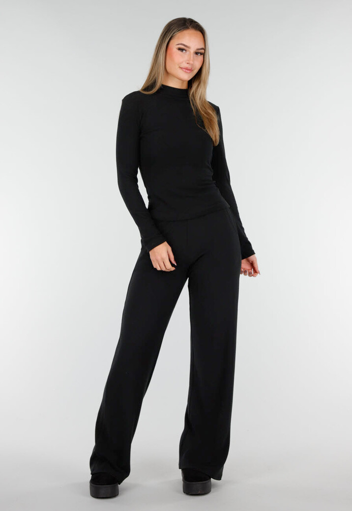 Zwarte Zachte Stretch Top met Col en Lange Mouwen