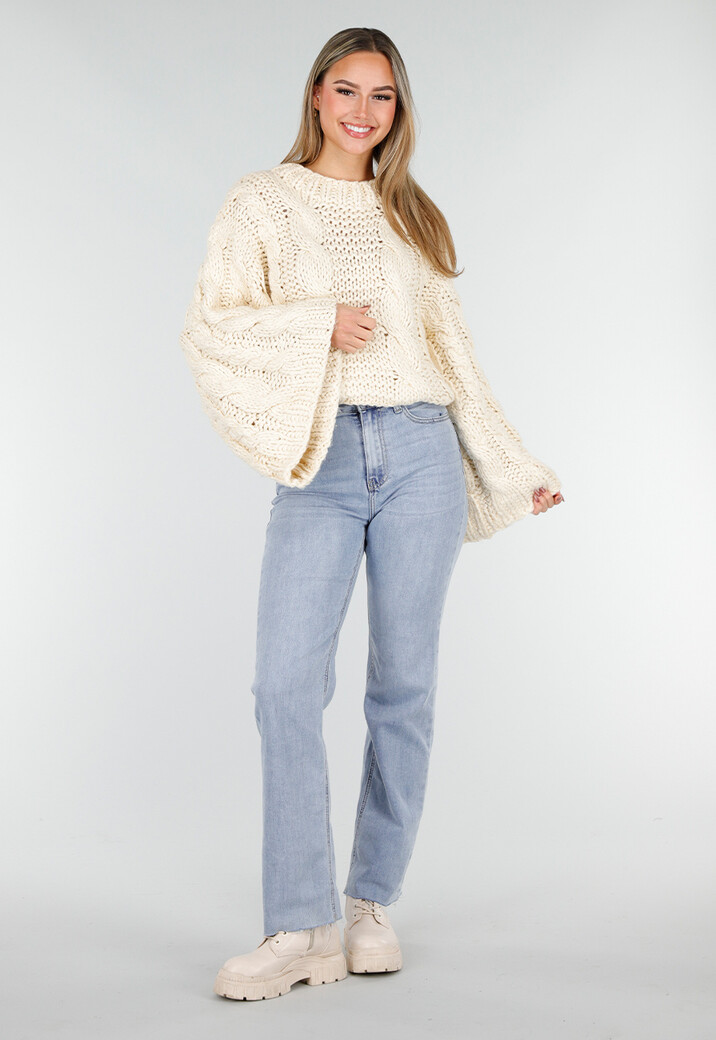 Cream Oversized Grofgebreide Kabeltrui met Lange Mouwen