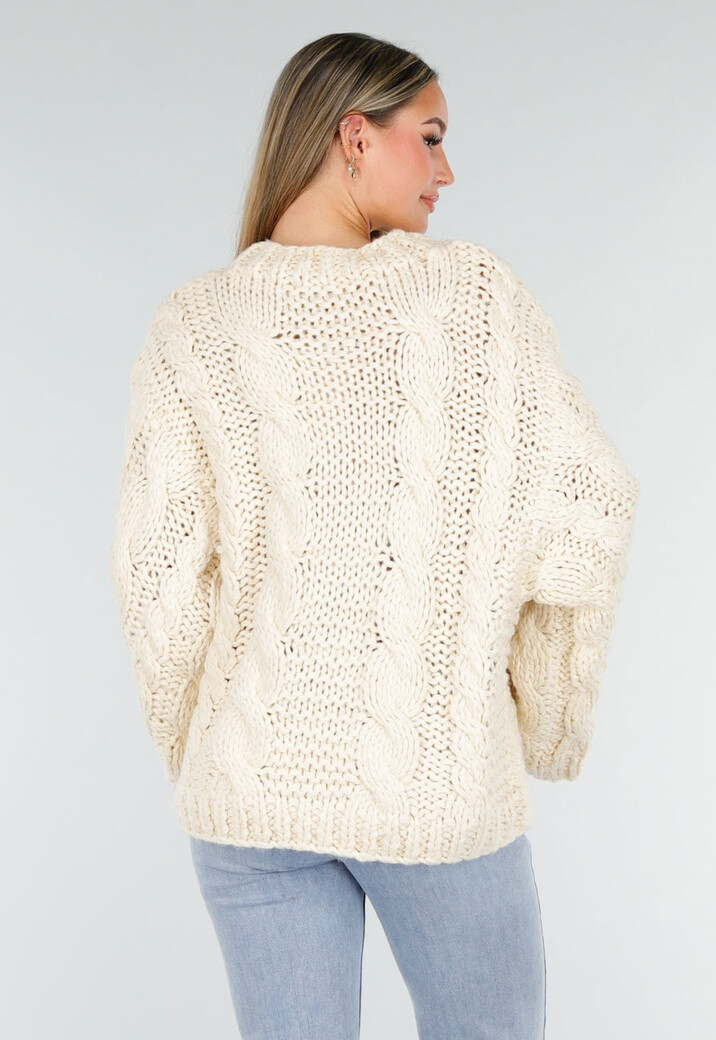 Cream Oversized Grofgebreide Kabeltrui met Lange Mouwen
