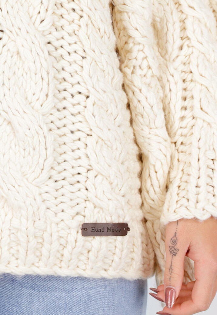Cream Oversized Grofgebreide Kabeltrui met Lange Mouwen