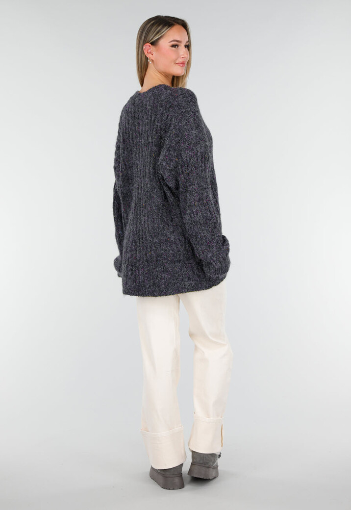 Donkergrijs Gebreid Vest met Knopen en V-Hals