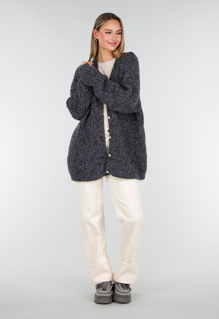 Donkergrijs Gebreid Vest met Knopen en V-Hals