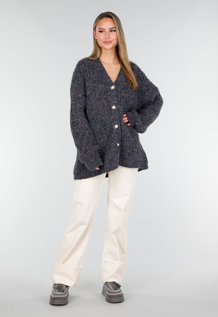 Donkergrijs Gebreid Vest met Knopen en V-Hals