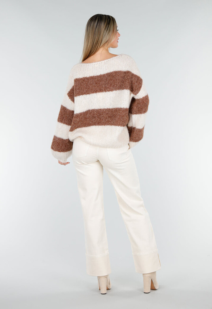 Gestreepte Crème en Bruine Wollen Trui met Lange Mouwen