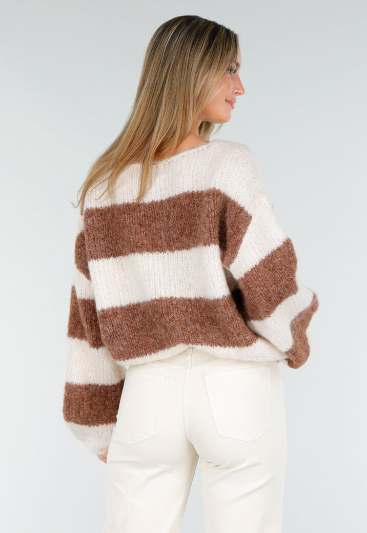 Gestreepte Crème en Bruine Wollen Trui met Lange Mouwen