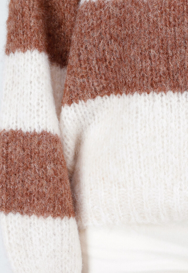 Gestreepte Crème en Bruine Wollen Trui met Lange Mouwen