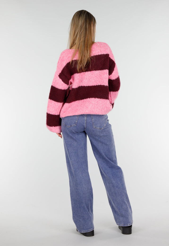 Gestreepte Roze en Bordeaux Wollen Trui met Lange Mouwen