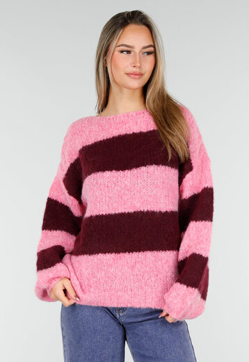 Gestreepte Roze en Bordeaux Trui