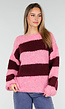 Gestreepte Roze en Bordeaux Wollen Trui met Lange Mouwen