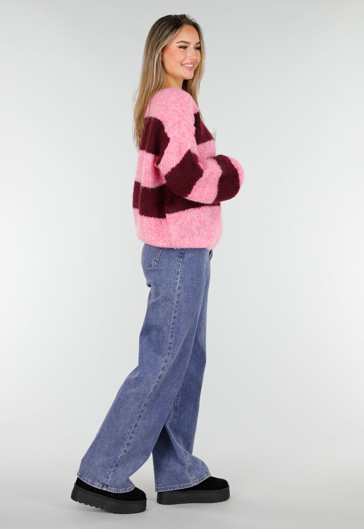 Gestreepte Roze en Bordeaux Wollen Trui met Lange Mouwen