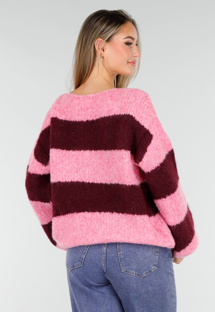 Gestreepte Roze en Bordeaux Wollen Trui met Lange Mouwen