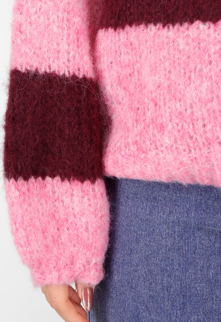 Gestreepte Roze en Bordeaux Wollen Trui met Lange Mouwen