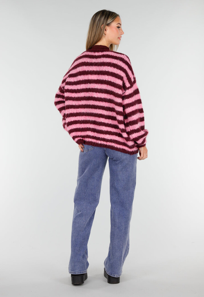 Gestreept Roze en Bordeaux Wollen Vest met Lange Mouwen
