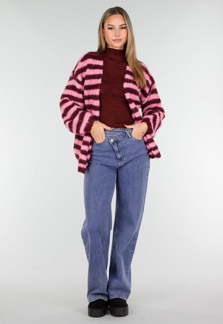 Gestreept Roze en Bordeaux Wollen Vest met Lange Mouwen