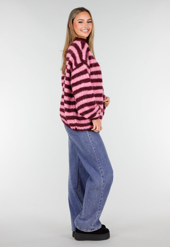 Gestreept Roze en Bordeaux Wollen Vest met Lange Mouwen