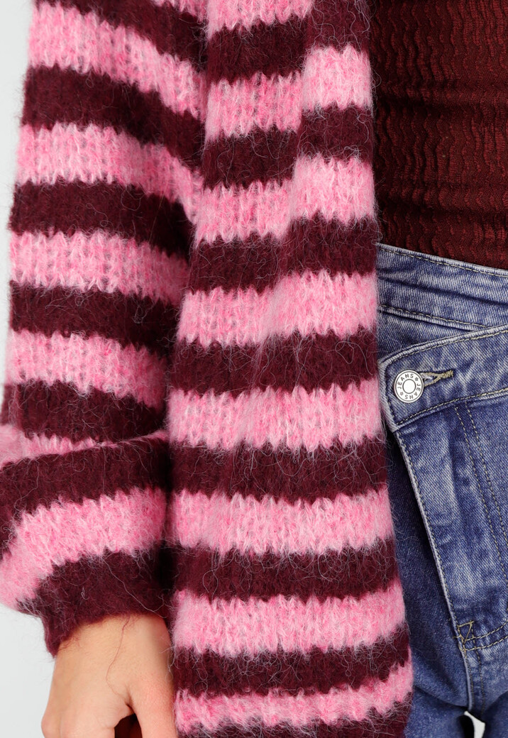 Gestreept Roze en Bordeaux Wollen Vest met Lange Mouwen