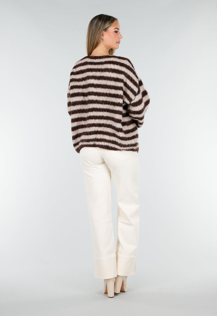 Gestreept Crème en Bruin Wollen Vest met Lange Mouwen