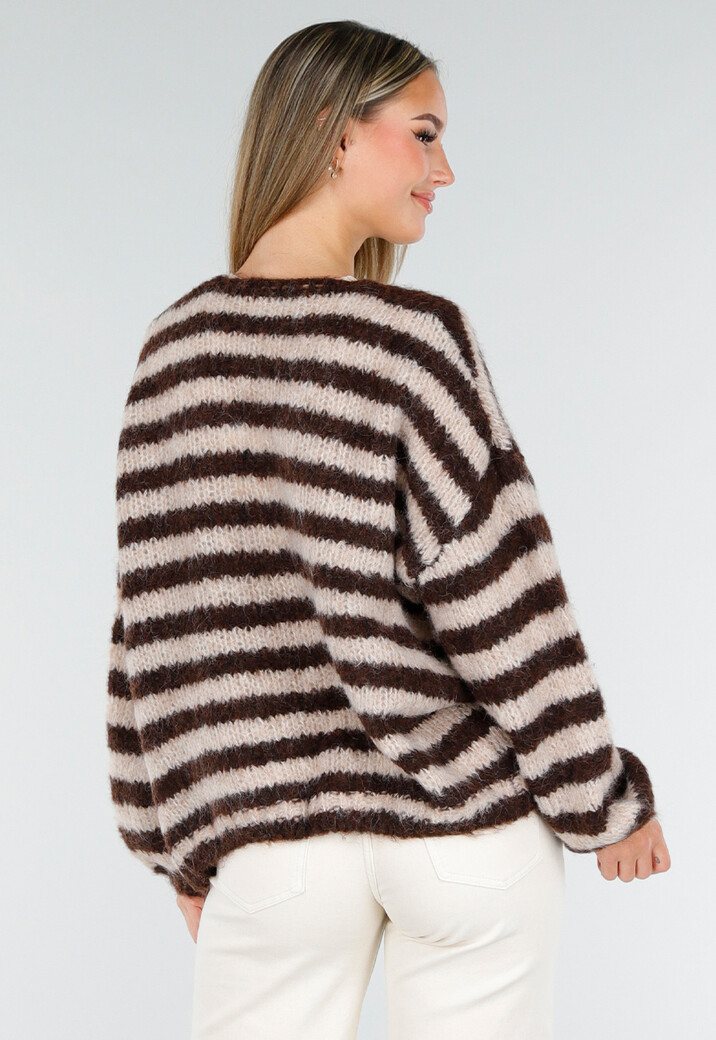 Gestreept Crème en Bruin Wollen Vest met Lange Mouwen