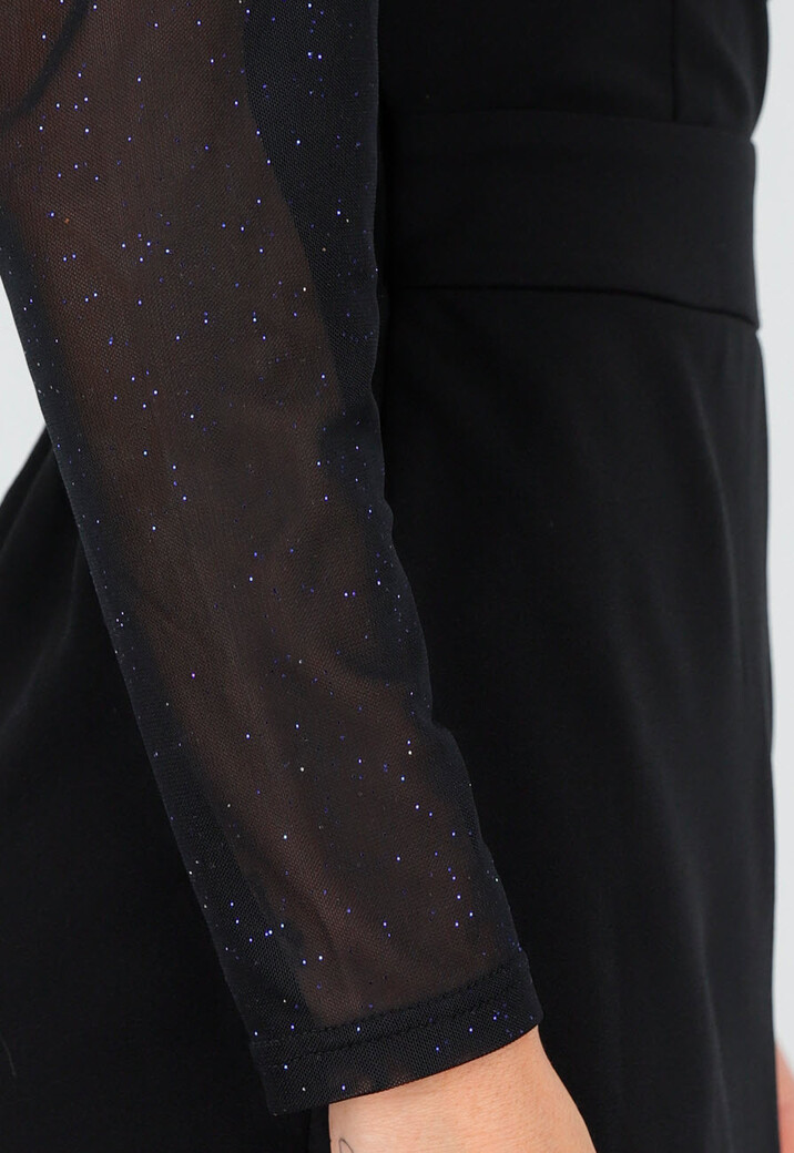 Zwarte Stretch Blazer Playsuit met Glitter Mesh Mouwen