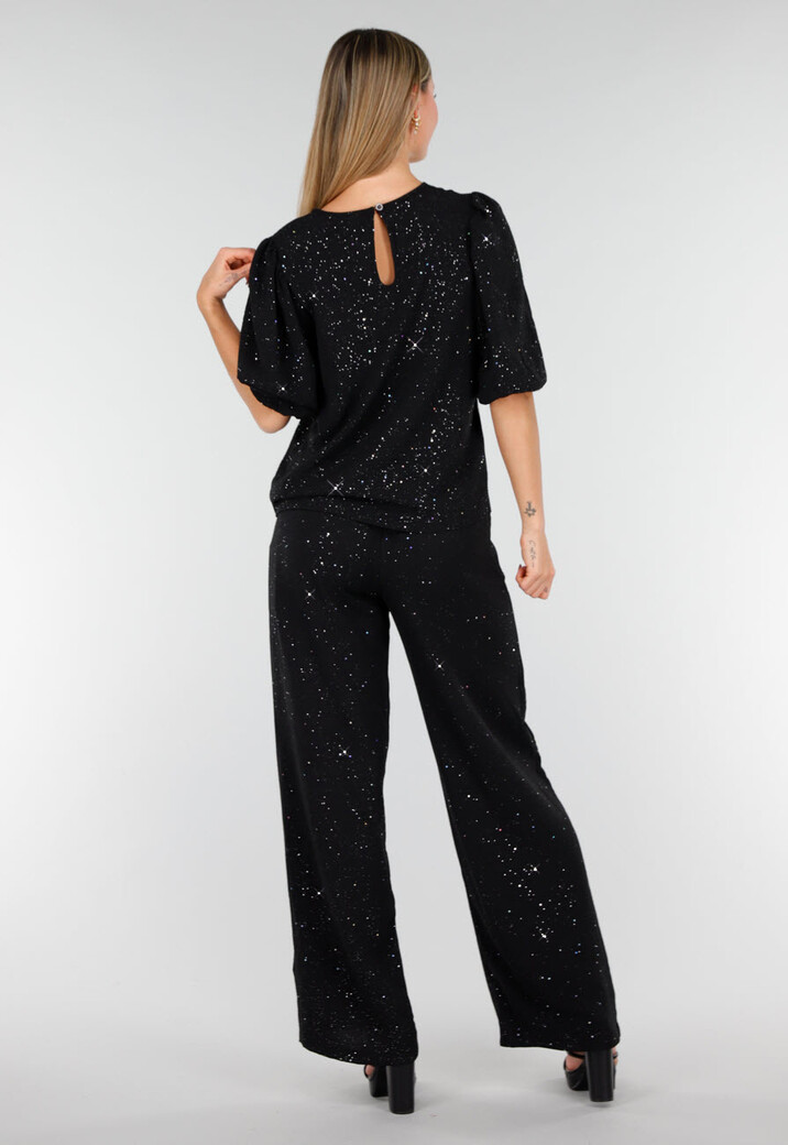 Zwarte Galaxy Glitter Top met Elastische Pofmouwen