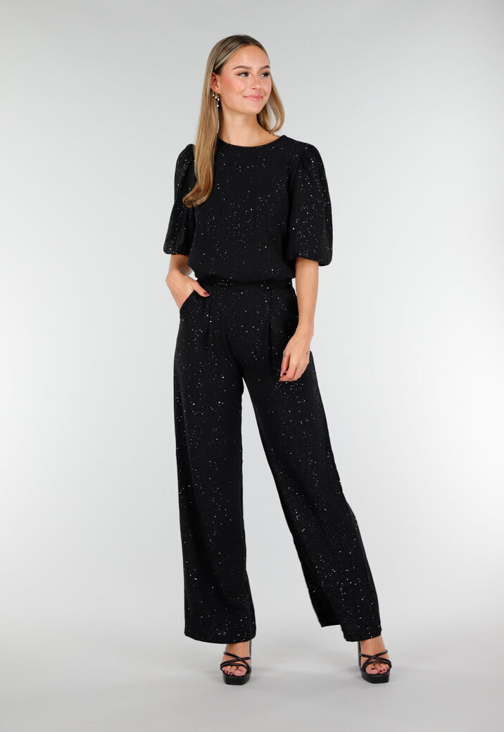 Zwarte Galaxy Glitter Top met Elastische Pofmouwen
