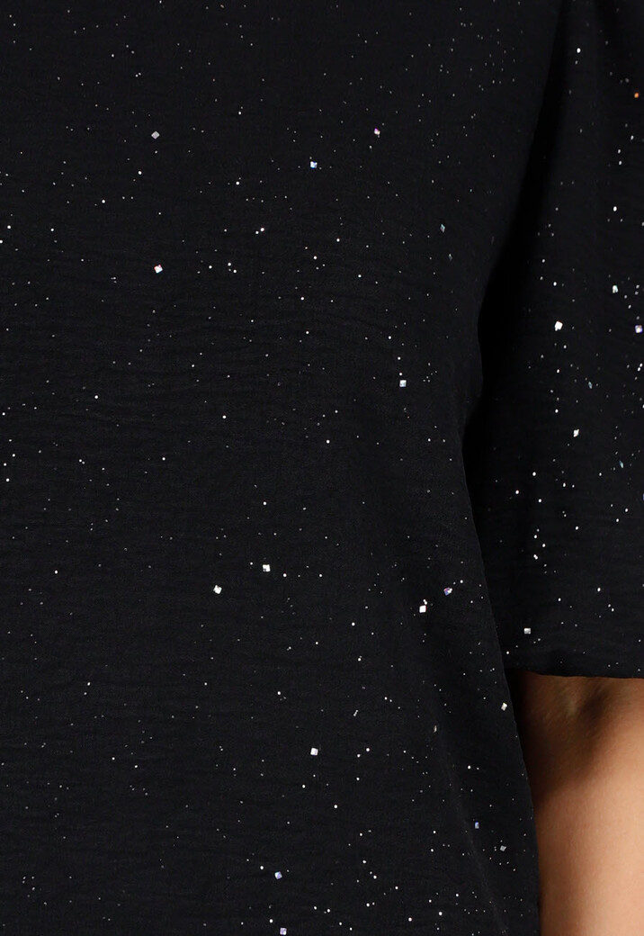 Zwarte Galaxy Glitter Top met Elastische Pofmouwen