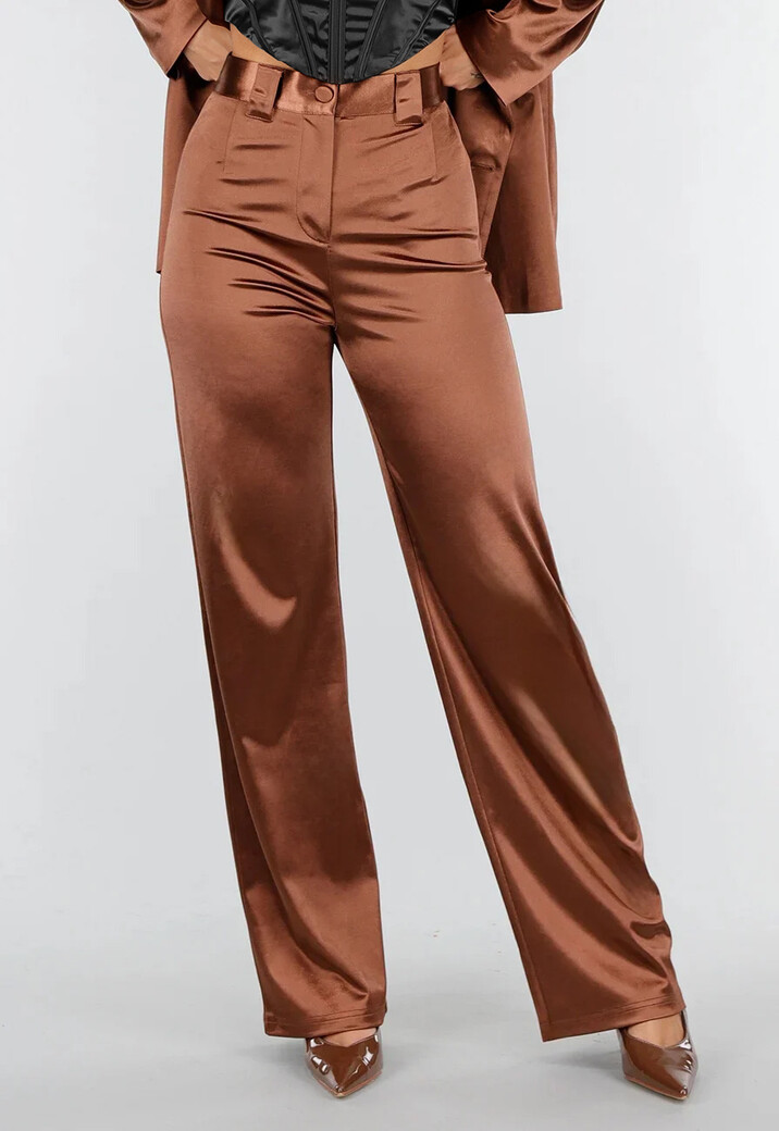Bruine Satijnen Pantalon met Hoge Taille