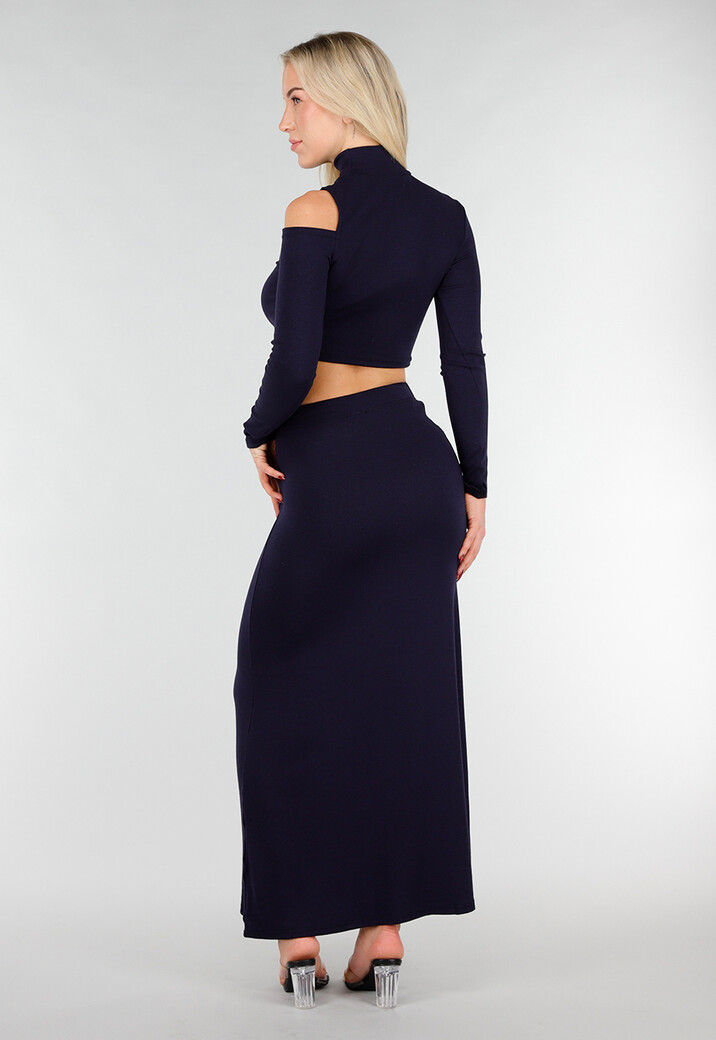 Navy Two Piece Set met Cut Out Top en Maxi Rok
