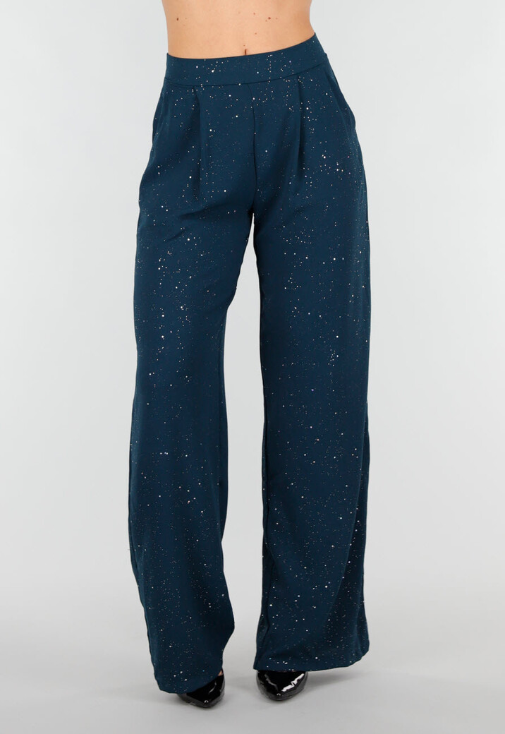 Zeeblauwe Linnenlook Glitter Pantalon met Stretchband