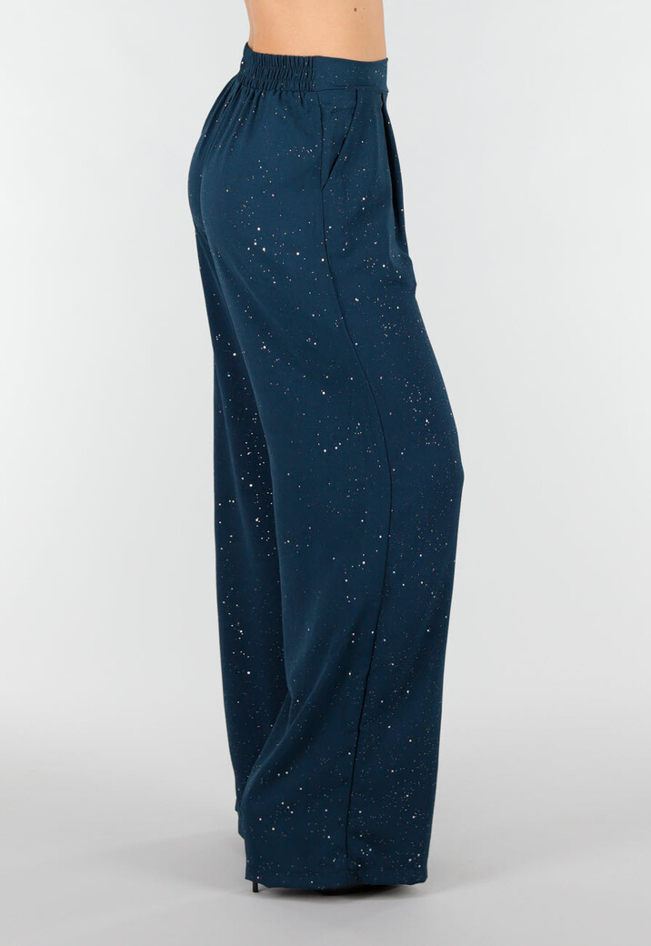 Zeeblauwe Linnenlook Glitter Pantalon met Stretchband