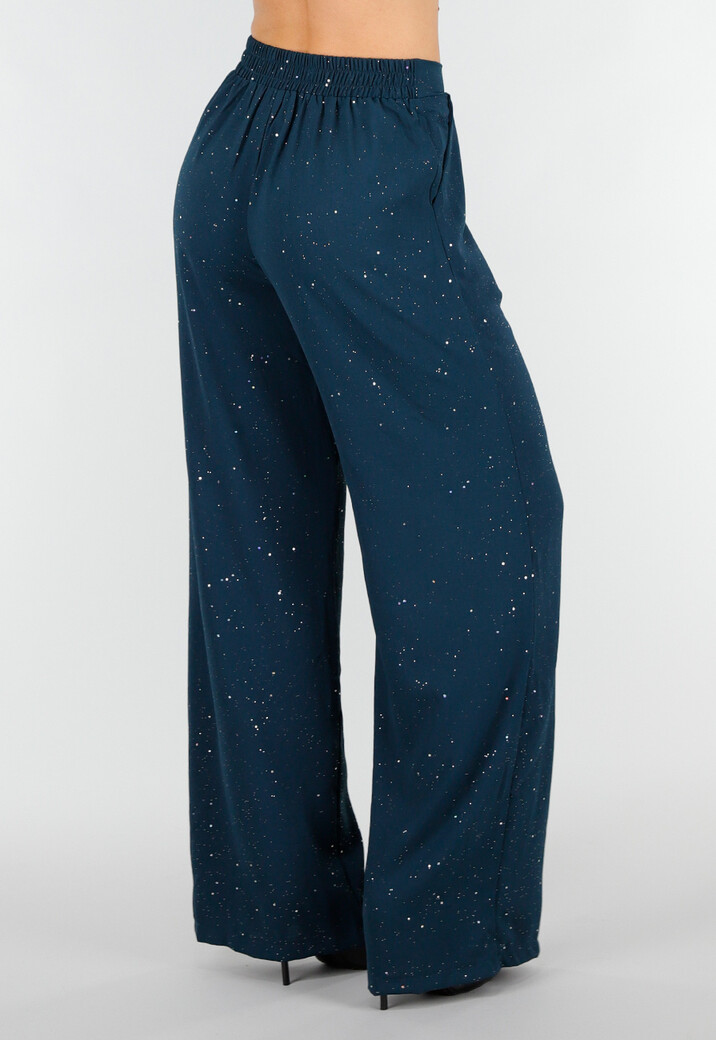 Zeeblauwe Linnenlook Glitter Pantalon met Stretchband