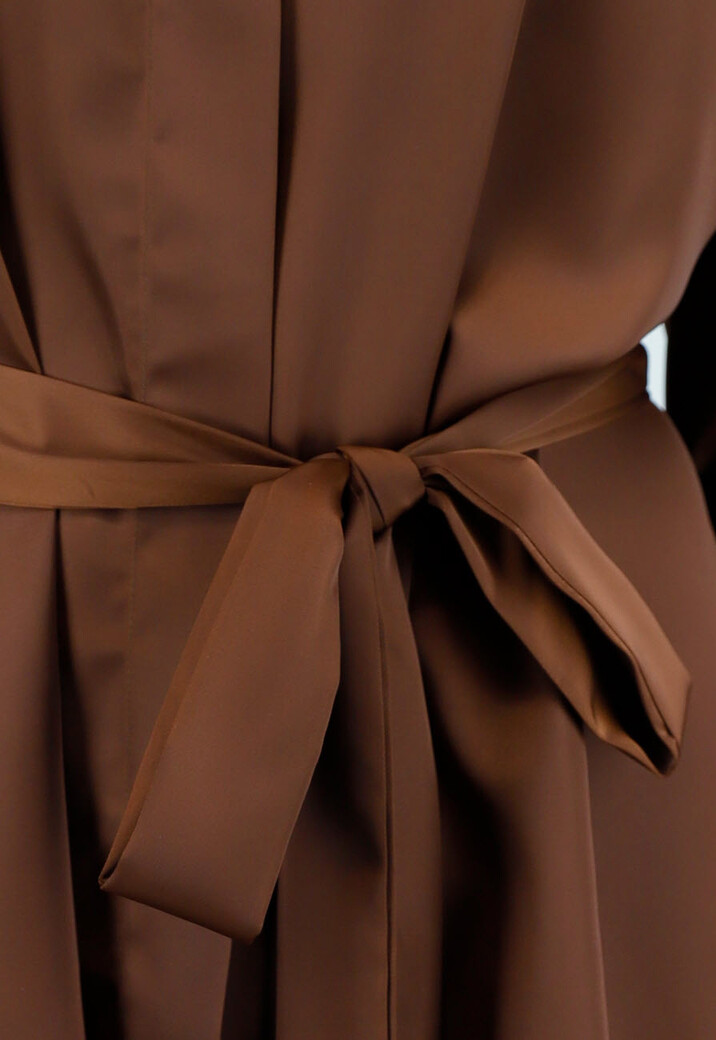 Donkerbruine Satijnen Jurk met Lange Mouwen en Ceintuur