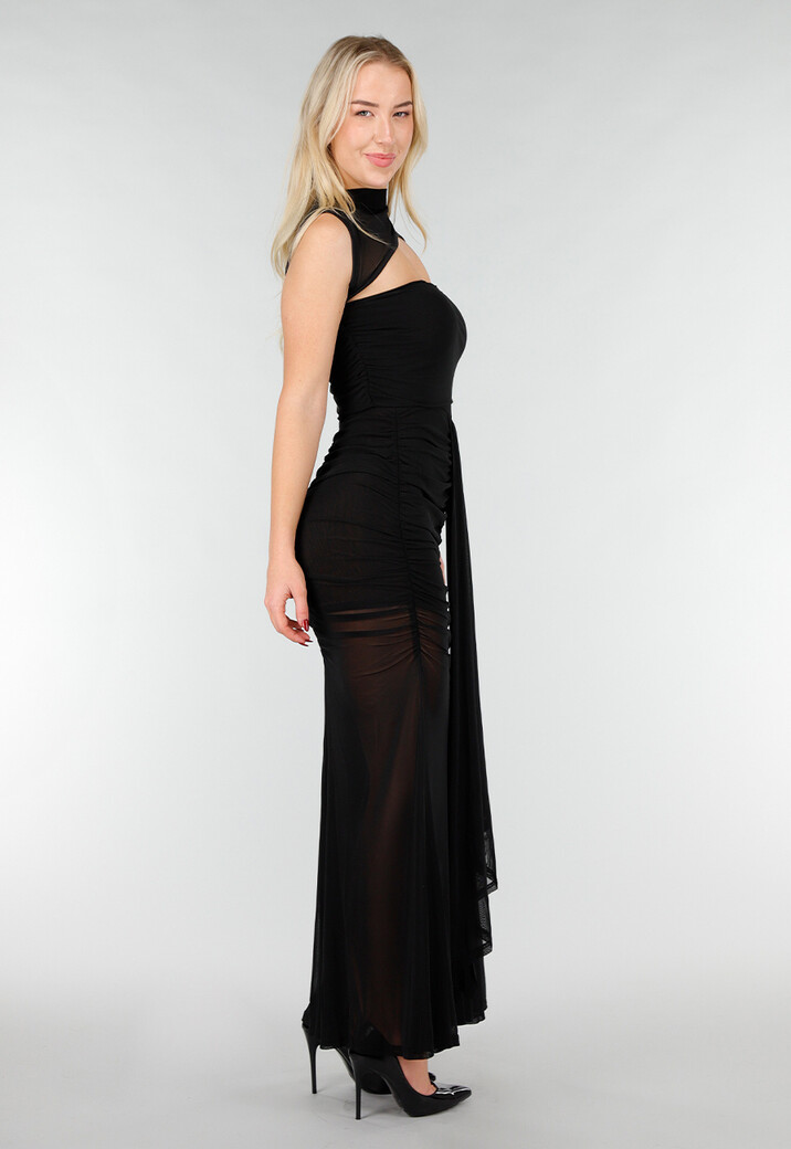 Zwarte Mesh Maxi Jurk met Cut-Out