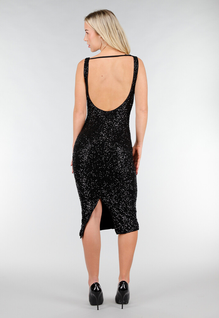 Zwarte Glitter Midi Jurk met Mouwloos Design